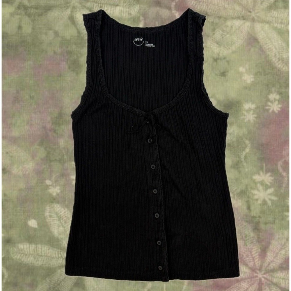 Aerie‎ Button Up Tie Front Ribbed Black Tank Top Lace Trim Small